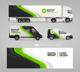  Van, truck trailer mockup with wrap decal design for branding and corporate identity. Abstract graphics design for business background. Branding vehicle. Company car mock-up. Editable vector template