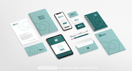 Minimalistic Brand Identity Mock-Up set of stationery with logo concept. Company branding editable 3d vector mockup   Medical clinic office stationary mockup template. Pharmacy corporate style