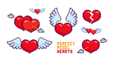 8-Bit pixel hearts with arrow - editable vector. Cartoon couple hearts in retro computer game pixel  style. Happy Valentines Day decor sign. Pixilated Heart with arrow and wings. Broken heart 