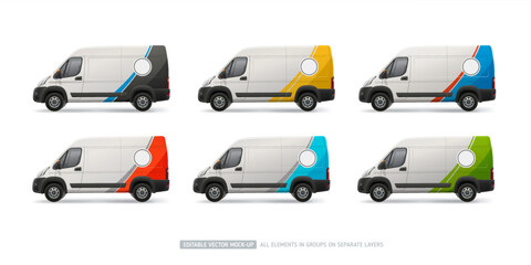 Company Van mockup set with branding wrap decal design and corporate identity. Abstract graphics and logo place. Company delivery truck with. Branding concept for transport advertising © VRTX