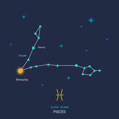 Fototapeta na wymiar PISCES zodiac horoscope star constellation space symbol, horoscope night sky map. thin line sign art design vector illustration