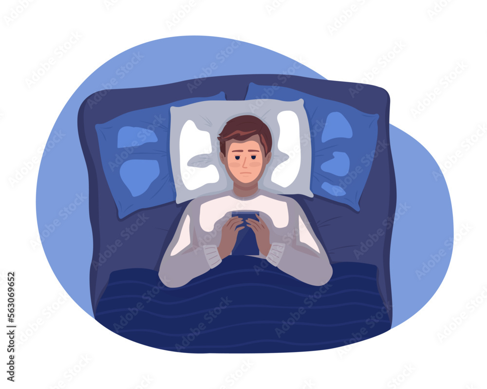 Aufkleber bedtime mobile phone use 2d vector isolated illustration. drowsy boy using smartphone while lying do