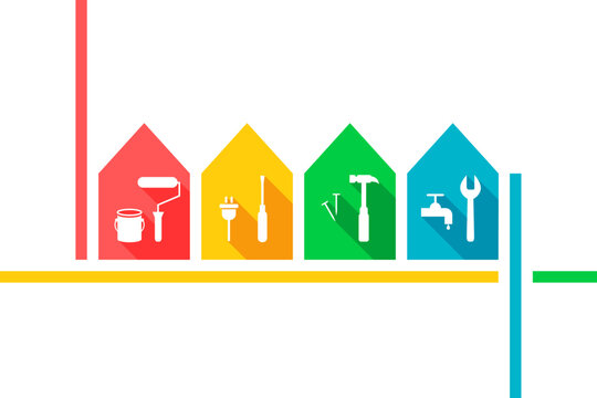 House repair, renovation, maintenance, facility management concept. Building and home improvement. Handyman, repairman, craftsman. Work tools icon set: paint roller, screwdriver, hammer, wrench icons.