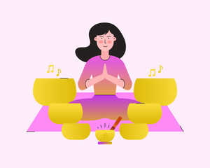 Tibetan singing bowls and beautiful woman sitting in yoga pose in the middle of them concept. Sound, vibration, music from bowl as alternative therapy, treatment, relaxation and healing symbol.