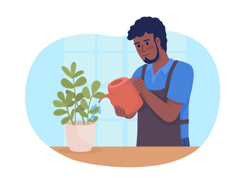 Housekeeper taking care of houseplants 2D vector isolated illustration. Man watering plants regularly flat character on cartoon background. Colorful editable scene for mobile, website, presentation