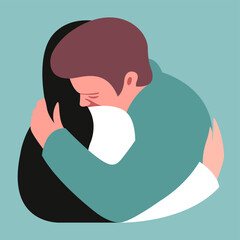vector stylized illustration of two hugging people in love in a pastel trendy color palette. useful for Valentine's Day card or International Hug Day, flyers, posters, banners, declarations of love