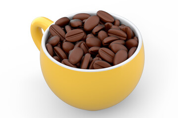 Ceramic coffee cup with coffee beans for americano, espresso, latte on white