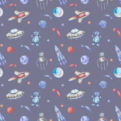 Watercolor illustration. Seamless pattern of hand painted robot, alien humanoid, ufo spaceship. Rockets, planets, moon, stars, comet in outer space. Space Day. Print on grey background for textile