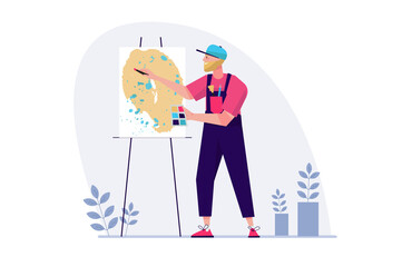 Concept Creative worker artist with people scene in the flat cartoon style. Artist is working on creating a new painting.