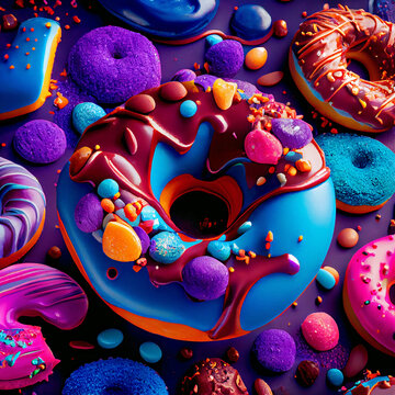 Fondo de pastelería y panadería. Postres y dulces de colores. Deliciosos donuts de diferentes sabores y colores con nata y chocolate. 