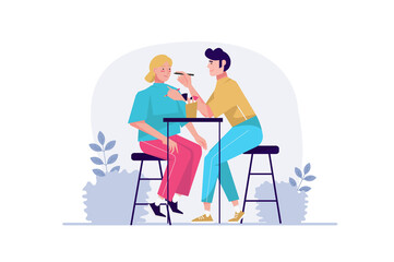 Creative worker concept with people scene in the flat cartoon design. Make-up artist selects evening make-up and hairstyle for the client.