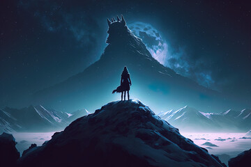 Mystical Woman Standing Triumphantly on a Wolf Against the Night Sky
