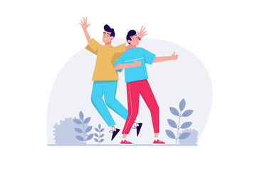 Concept Happy people standing together with people scene in the flat cartoon design. Two friends rejoice together for each other's sucess.