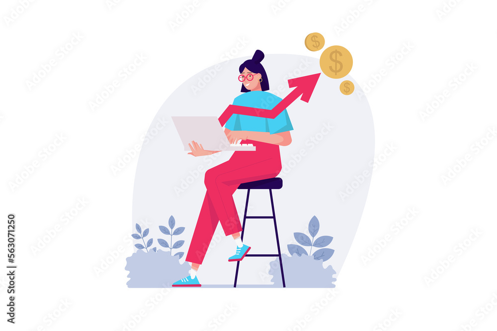 Poster sales performance concept with people scene in the flat cartoon design. manager monitors sales perfo