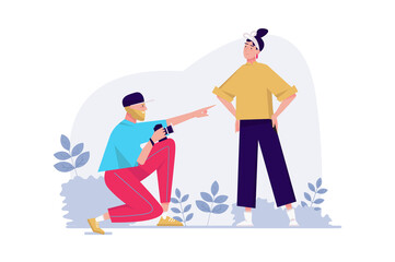 Photo studio concept with people scene in the flat cartoon design. Photographer explains to the models how to pose better so that the photo will be cool.