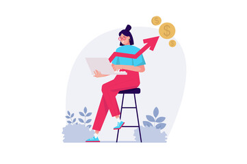Sales performance concept with people scene in the flat cartoon design. Manager monitors sales performance using chart on a laptop.
