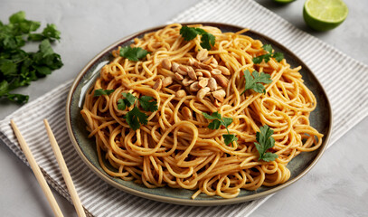 Homemade Asian Peanut Sauce Noodles on a Plate, side view.