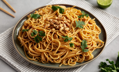 Homemade Asian Peanut Sauce Noodles on a Plate, side view. Copy space.