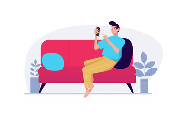 Girl suffering internet concept with people scene in the flat cartoon design. Girl is looking for interesting things on the Internet while sitting on the sofa at home.