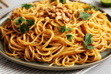 Homemade Asian Peanut Sauce Noodles on a Plate, side view. Close-up.