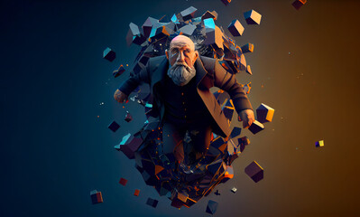 old fashioned man is falling to voxel pieces. Ai generative