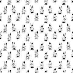 Tattoo rabbit with heart pattern in the style of the 90s, 2000s. Black and white seamless pattern illustration.