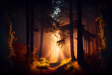 Beautiful nature woodland scene and sun rays hitting the dark trees