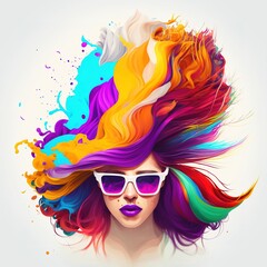 Beautiful girl portrait with rainbow hair and blue eyes ,not a real person, made with Generative AI
