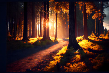 Fototapeta premium Beautiful nature woodland scene and sun rays hitting the dark trees