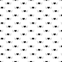 Tattoo heart with wings pattern in the style of the 90s, 2000s. Black and white seamless pattern illustration.
