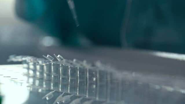 The scientist dropping the chemical solution in test tube in the laboratory experiment. Chemical and Oil concept