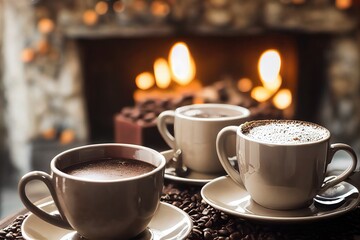Cup of coffee with beans on the table. Genarative AI