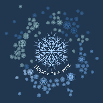 New Year card. Openwork original author's hexagonal white snowflakes. Vector image of a Christmas symbol.