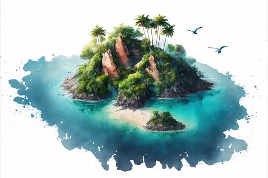 Remote Tropical Island In Watercolor Style ,made With Generative AI