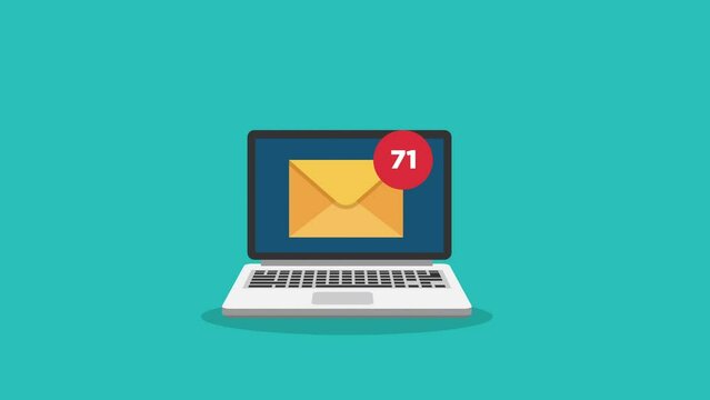 email with counter social media concept motion animation.Laptop computer pc flat design.notebook monitor conceptual animation video clip.Animation motion graphics elements. turquoise background.