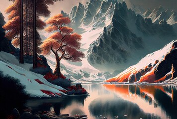 Breathtaking mountain landscape of the snow capped alpine peak with lake, painting style ,made with Generative AI