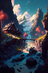 Fantasy village with bridge with mountains in the background ,made with Generative AI
