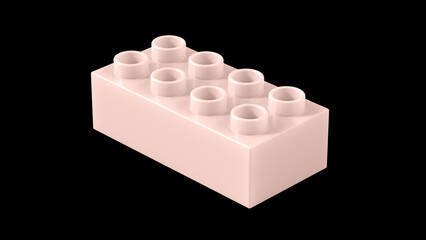 Blush Pink Plastic Block Isolated on a Black Background. Children Toy Brick, Perspective View. Close Up View of a Game Block for Constructors. 3D illustration with a Work Path. 8K Ultra HD