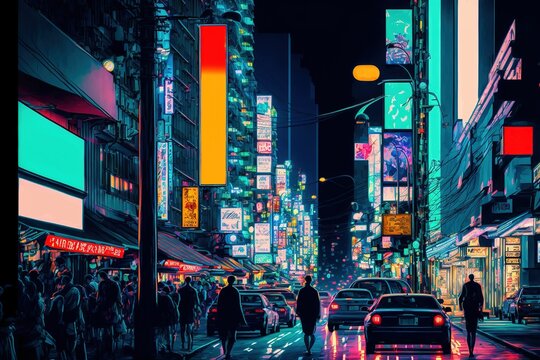 A cyberpunk future metropolis with an Asian, Japanese flavor. The skyscrapers seemed dark and ominous under the rain. Futuristic nightmare illuminated by neon signs ,made with Generative AI