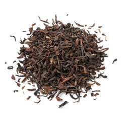 Heap of Indian Tukvar darjeeling dried tea leaves close up isolated on white background