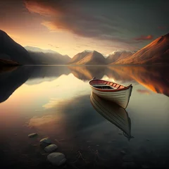  Boat on calm lake at sunrise ,made with Generative AI © DNY3D