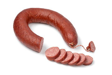 Single traditional Dutch horsemeat sausage and slices isolated on white background