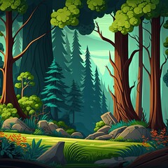 Obraz premium Cartoon forest with a panorama of deciduous trees, moss on rocks, grass, shrubs, and sunlight rays on the ground ,made with Generative AI