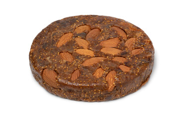 Single round fig bread with almonds isolated on white background