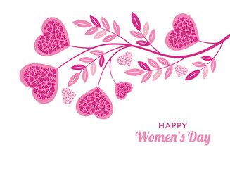 Happy Women's day. Banner, poster, card. Illustration of a decorative tree branch with hearts on white background. 