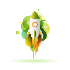 Cartoon green rocket flying in space. Spaceship rocket icon isolated on white background. Catroon space shuttle for startup business concept. Vector simple illustration