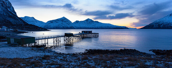 Beautiful panoramic view of fjord and landscape near Tromso, Norway - obrazy, fototapety, plakaty
