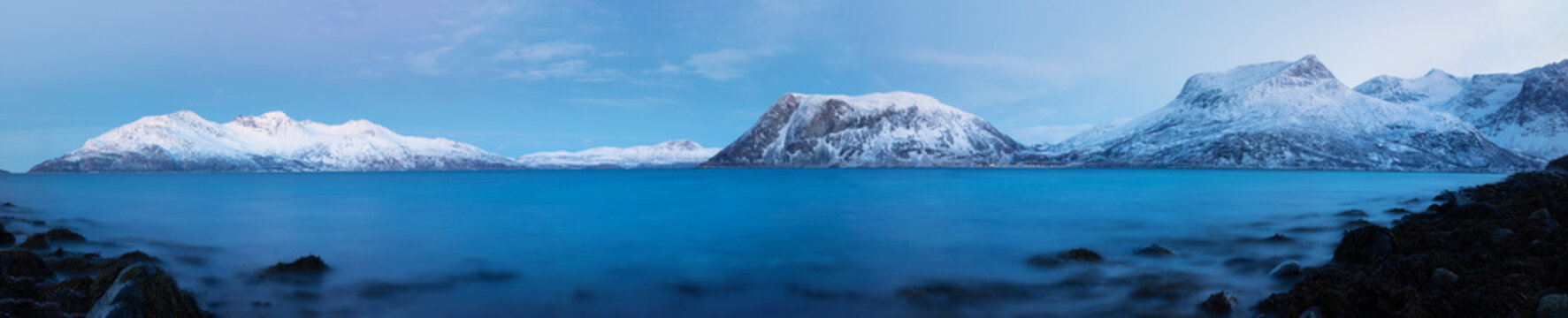 Beautiful panoramic view of fjord and mountains near Tromso, Norway