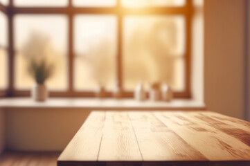 wooden table and blurred window background, aesthetic minimalist background