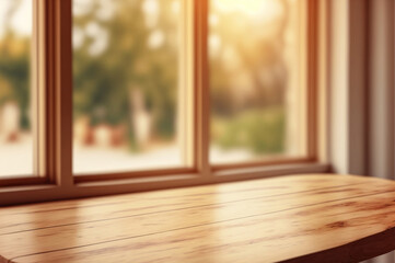 wooden table and blurred window background, aesthetic minimalist background